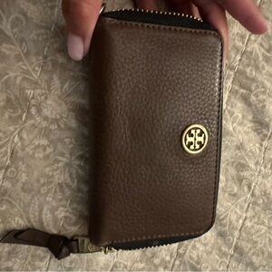 Tory Burch Pebbled Brown Wallet with Gold Emblem